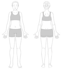 全身の女性線画イラスト（正面＋背面セット・服のみグレー）