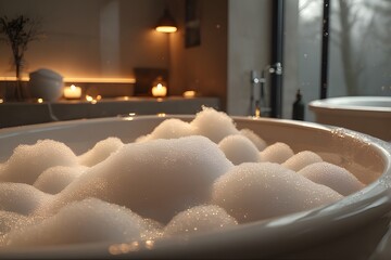 Indulge in a luxurious bath experience with soothing bubbles and soft candlelight in a calming, elegant bathroom setting that inspires relaxation