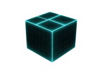 Glowing digital cube on a grid pattern portraying data, futuristic technology, blockchain, and virtual reality concepts