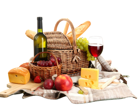 Picnic scene w/ food on a cloth. Baguette, grapes, cheese and wine surround a wicker basket with a transparent background