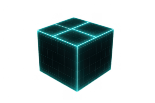 Glowing digital cube on a grid pattern portraying data, futuristic technology, blockchain, and virtual reality concepts
