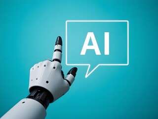 Futuristic robotic hand touching AI text in glowing speech bubble on teal background for innovative technology solutions and cutting-edge development
