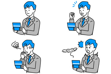 預金通帳を見るスーツの男性　セット