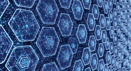 Abstract futuristic background showing a glowing blue hexagonal grid, illustrating concepts of complex digital networks and big data connections