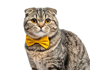 A brown tabby Scottish Fold cat wearing a yellow bowtie poses against a black background