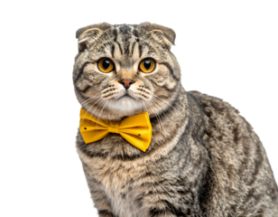 A brown tabby Scottish Fold cat wearing a yellow bowtie poses against a black background