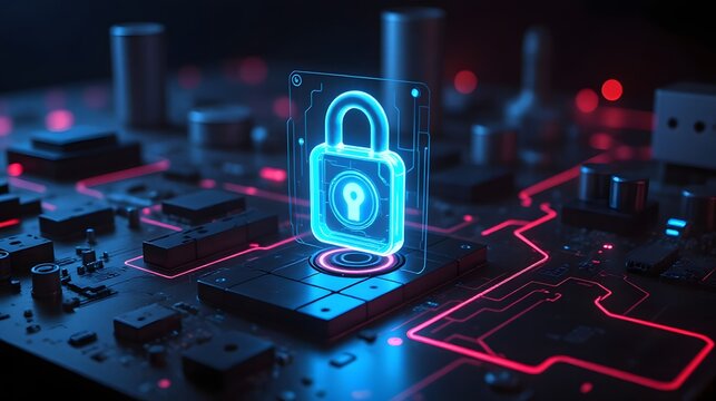 Cybersecurity protection with glowing padlock on circuit board illustrates network safety, data privacy, and secure digital transformation solutions now