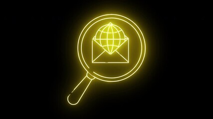 Yellow outline of a magnifying glass enclosing a globe inside an envelope against a black background - Powered by Adobe