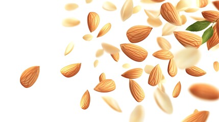 Almonds Realistic Floating Nuts With Leaves on White Background. Closeup Detail