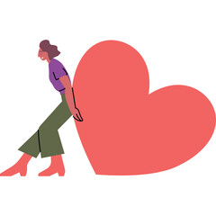 Woman Struggling To Push A Large Red Heart Symbol With Effort And Determination Against Transparent Background