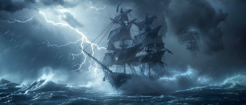 雷鳴と豪雨が吹き荒れる、嵐の海を航行する壮大な海賊船