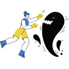 Woman With Blue Hair And Yellow Boxing Gloves Punching A Black Abstract Shape With Jagged Edges On A Transparent Background, Conceptual Image Of Fighting Or Overcoming Challenges