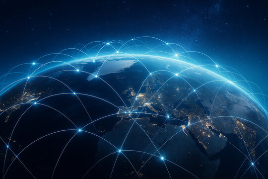 AI generated futuristic artwork of Earth connected by glowing data lines symbolizing worldwide communication network digital connectivity and the power of global information exchange