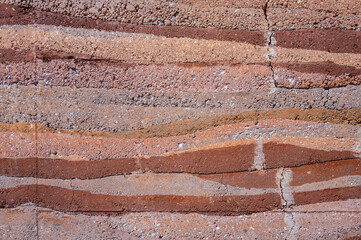 Full frame shot of an earthen wall texture of clay house structure. These walls are constructed by ramming a mixture of aggregates, including gravel, sand, silt and a small amount of clay.