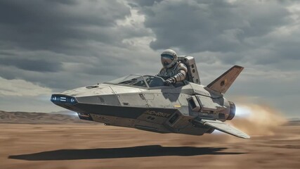Futuristic Astronaut Pilot Speeds Across Arid Desert in Sci-Fi Spacecraft, Leaving Dust Trail Under Dramatic Sky. - Powered by Adobe