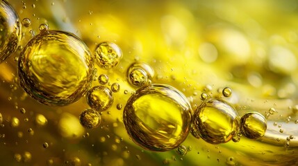 Close-up macro of olive oil texture with reflections and bubbles, 8K ultra detail, soft light, copy space, abstract background. 
