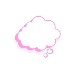 A cute pink cloud-shaped thought bubble with a halftone dot shadow, a retro comic style speech bubble for communication and expressing ideas