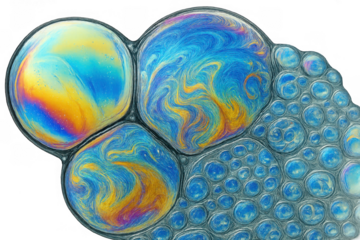 Abstract soap bubbles creating colorful iridescent patterns, macro close-up of dynamic liquid surface on a transparent background