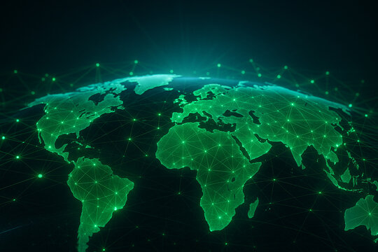 AI generated glowing green world map connected by luminous data lines symbolizing global communication energy flow and future technology network