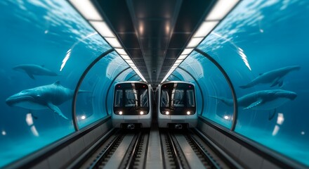 Underwater train tunnel with whales swimming around it, creating a mesmerizing blend of nature and technology. The train glides through the transparent tunnel, offering a unique travel experience