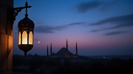 Stunning Ramadan lantern glows at dusk with serene mosque backdrop, inspiring reflection and peace, perfect for spiritual campaigns and holiday themes