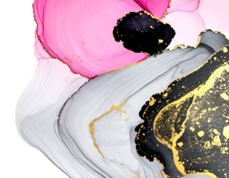 Fluid abstract art with pink, gray, and black swirls highlighted with gold accents against a black background