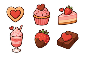 Cute, colorful illustrations of heart-themed desserts, including cupcakes, cake slices, and chocolates, perfect for celebrating love and sweet moments.