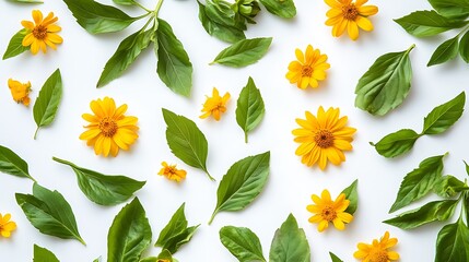 Daisy Flowers and Green Leaves Pattern on a White Background, Beautiful Floral Flat Lay