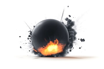 Exploding Dark Sphere with Fire, Smoke, and Debris on White Background. Isolated Object