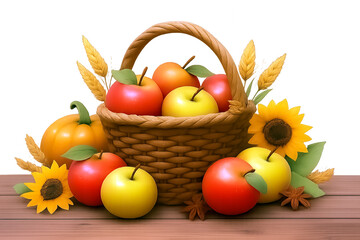 fruits and vegetables - Autumn Harvest Basket with Apples, Sunflowers, Wheat, Leaves, and Pumpkin – Colorful Seasonal Composition on White Background Representing Abundance and Fall Festivity