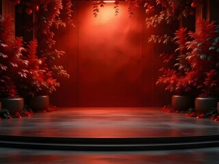 Step into the Spotlight: A Stunning Stage Set for Elegant Events, Product Reveals, or Festive Holiday Celebrations in a Vibrant Red Ambiance