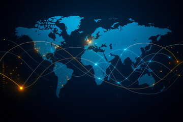 AI generated visualization of a digital world map connected by glowing data lines symbolizing global communication technology connection and information flow across continents