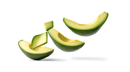 Fresh Avocado Slices Isolated on White Background, Green Peel, Healthy Food