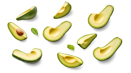 Fresh Avocado Slices with Leaves on White Background, Ripe, and Healthy