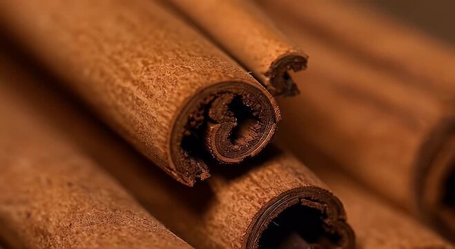 Close-up Video of Cinnamon Sticks Showing Texture and Detailed Spiral Formations