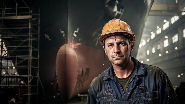 A shipyard worker in blue overalls and a hard hat with soot on his face, looking serious