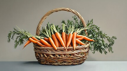 Fresh Organic Carrots with Green Tops in Woven Basket on Grey Background