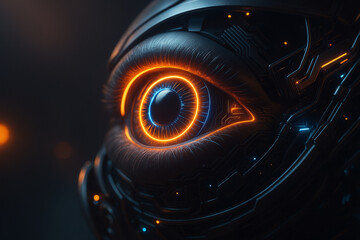 AI generated a glowing cybernetic eye with blue and orange neon lights symbolizing intelligent vision advanced technology and the fusion of human perception with machine awareness