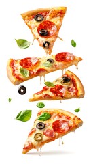 Fresh Pizza Slices Topped with Pepperoni, Olives, Basil, Mozzarella, on White
