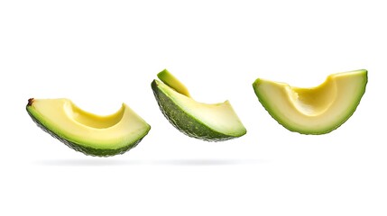 Fresh Sliced Avocado Trio, Showing Green Skin and Creamy Yellow Flesh on White