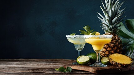 Two tropical cocktails with pineapple and lime sit on a wooden table.