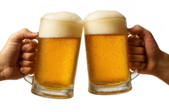 Hands holding beer mugs clinking, celebrating friendship and success with refreshing cold lager beverage on transparent background