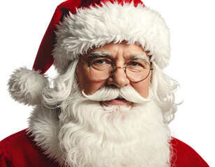 A cheerful, kind-eyed Santa Claus with a fluffy white beard & spectacles smiles against a black background