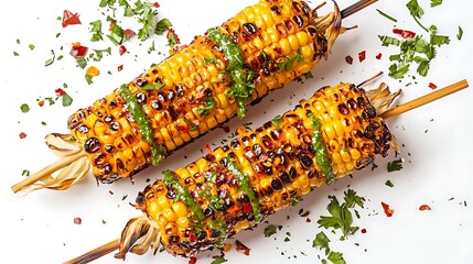 Grilled Corn on Skewers Drizzled with Green Sauce and Herbs on White Background