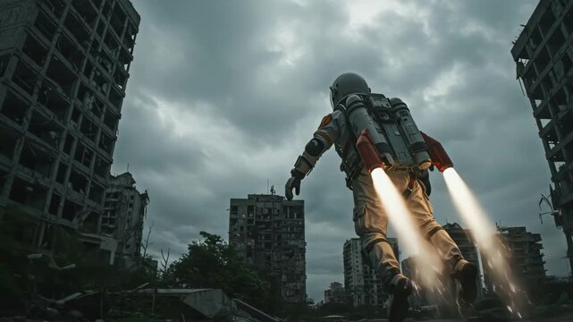 Jetpack Pilot Soaring Above Ruined Cityscape on a Dramatic Dystopian Escape Mission