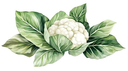 Isolated Watercolor Cauliflower Head with Lush Green Leaves on Transparent Background