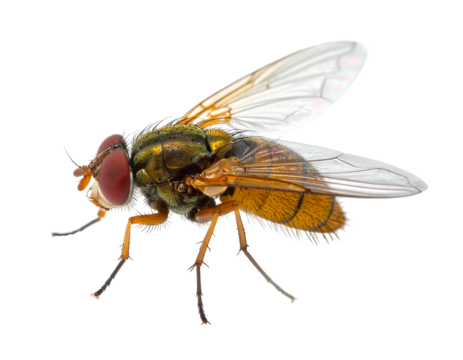 Fly. Macro shot showcasing iridescent green thorax, red eyes, and transparent wings against a black background