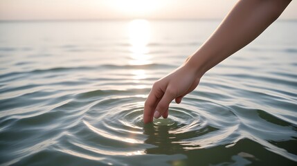 Serene touch creating ripples on calm water at sunset evokes peace, mindfulness, and connection with nature's beauty for wellness and mindful living