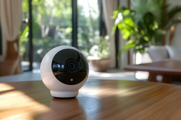 Modern White Indoor Camera on a Wooden Table with Blurry Window View