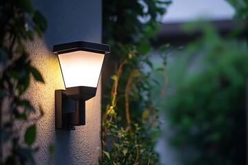 Outdoor Wall Mount Light Fixture Illuminating Textured Wall, Leaves in Evening
